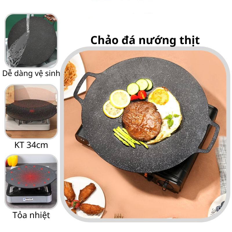 Chảo nướng đá Hàn Quốc size 34cm ,nướng thịt , chống dính dùng được cho mọi loại bếp, chất liệu cao cấp