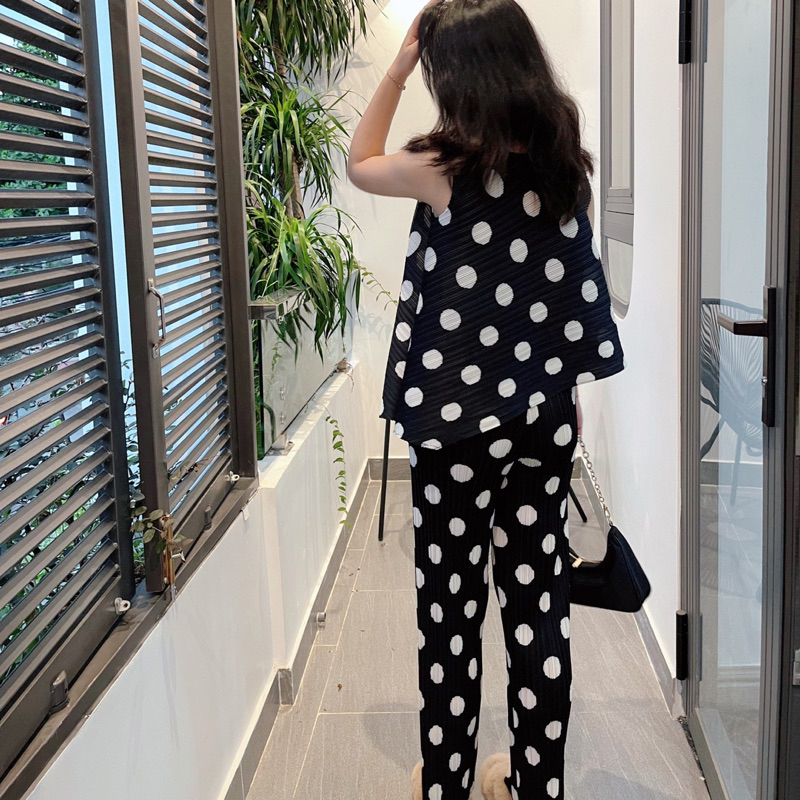 ÁO QUẦN LÒ XO HỌA TIẾT CHẤM BI CAO CẤP, Áó cọc tay cùng quần dài tôn dáng với lưng chun sang trọng