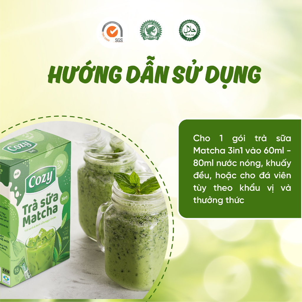 Trà Sữa Cozy Matcha 3 in 1 (10 gói x 17gr) Hương Vị Đậm Đà Thuận Tiện Cho Việc Pha Chế