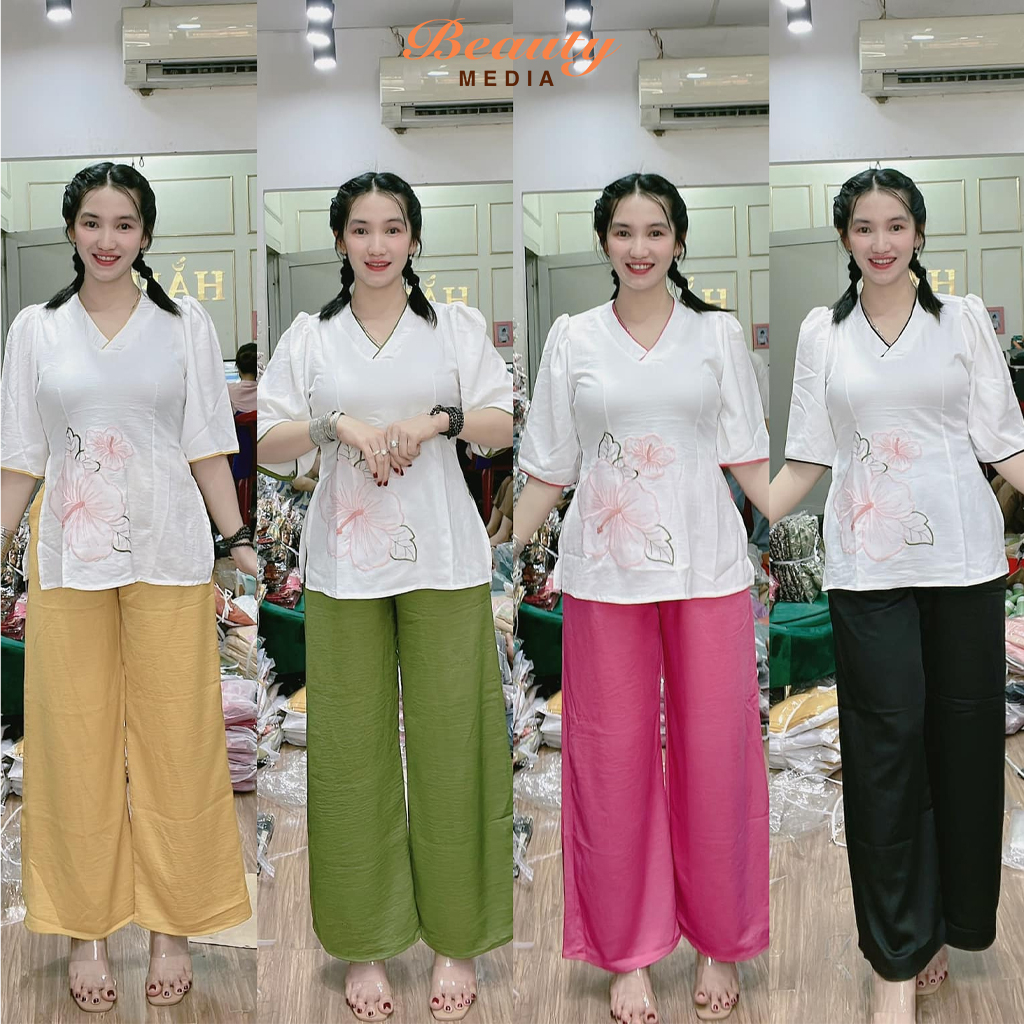 Bộ Lam Đi Chùa Thêu Hoa Sen Cổ V Cực Đẹp - Bộ đi chùa - Set đi chùa - Đồ lam