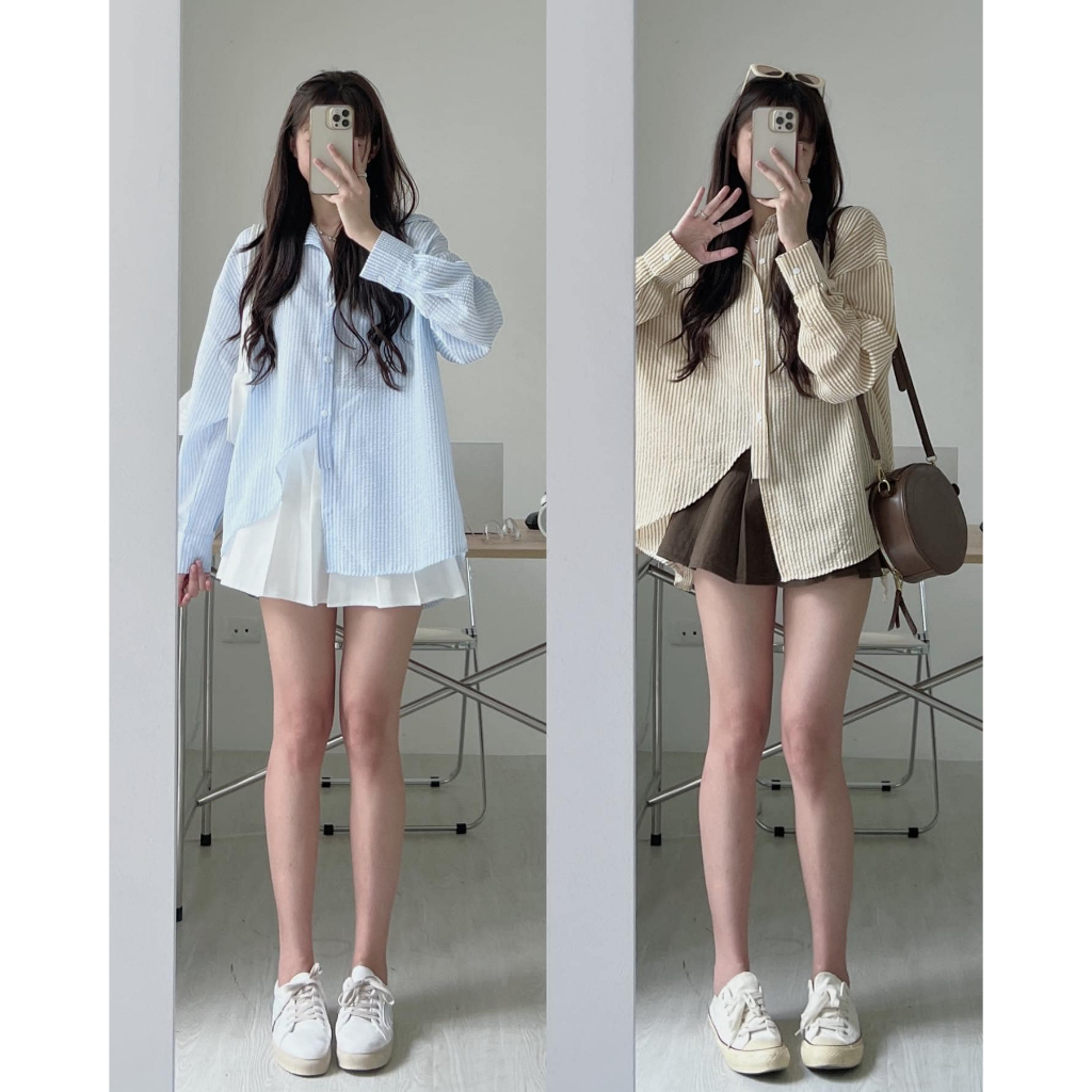 Áo Sơ Mi Kẻ Sọc Hàn Quốc, Áo Sơ Mi Tay Dài Màu Cam Pastel Dễ Thương Style Quảng Châu
