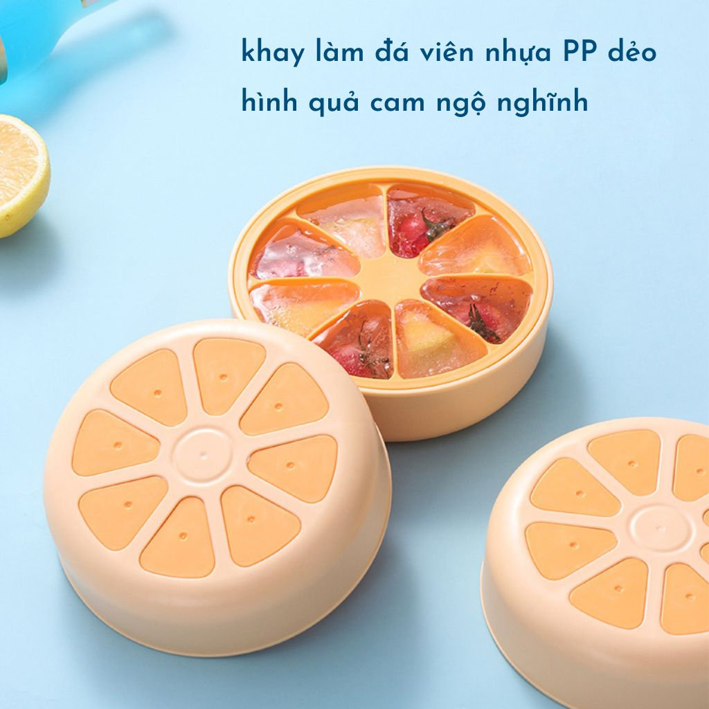 Khay làm đá 8 ô hình quả cam có nắp đậy, chất liệu nhựa dẻo chống dính dễ dàng lấy đá