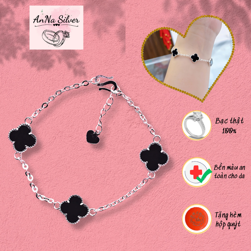 Lắc tay bạc nữ bạc 925 không gỉ, vòng tay mặt cỏ 4 lá đính đá đen thời trang AnNa Silver