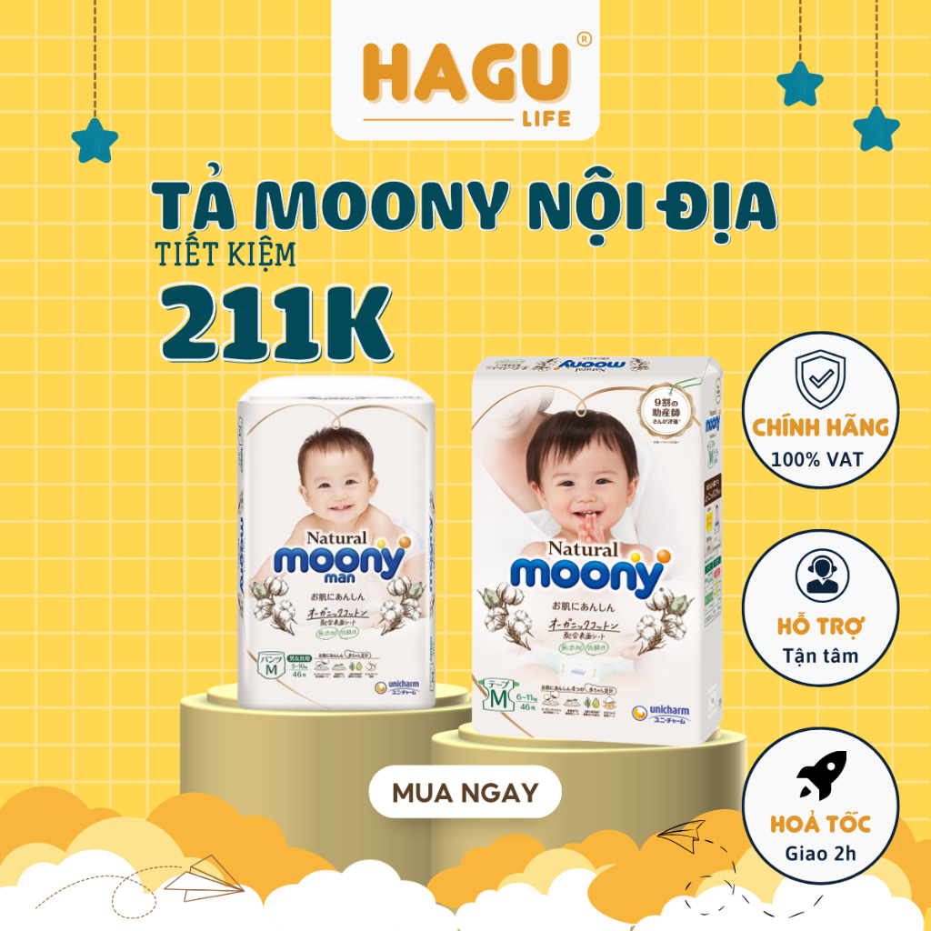 Bỉm Moony Natural Nội Địa Chính Hãng - Dán/Quần Đủ Size NB63/S58/M48/L36/XL3200