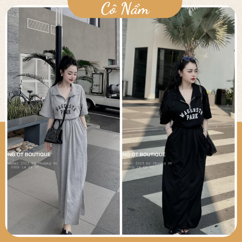 Set Bộ Đồ Nữ Áo Phông Ngắn Tay Thêu Chữ Cổ Bẻ Kéo Khóa Mix Chân Váy Dáng Dài Chất Đẹp Hàng L1