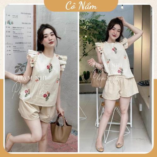 Set Bộ Đùi Nữ Áo Thêu Hoa Cánh Tiên Mix Quần Sooc Đùi Freesize