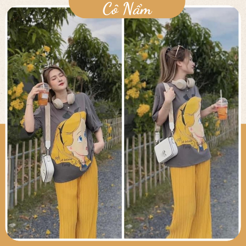 Set Bộ Đồ Nữ Áo Phông Cô Gái Tóc Vàng Mix Quần Suông Xốp Ống Rộng Màu Chuẩn Freesize