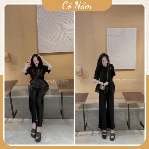 Set Bộ Đồ Nữ Áo CN Dập Ly Chiết Eo Bèo Tơ Logo Tag Nổi Mix Quần Suông Dập Ly Siêu Sang Freesize