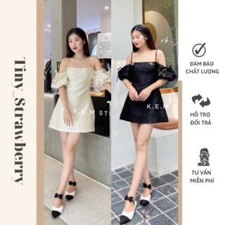 Váy hai dây gấm hoa nổi mix tay phồng tặng kèm 2 tag nơ rời siêu sang chảnh ảnh chụp thật