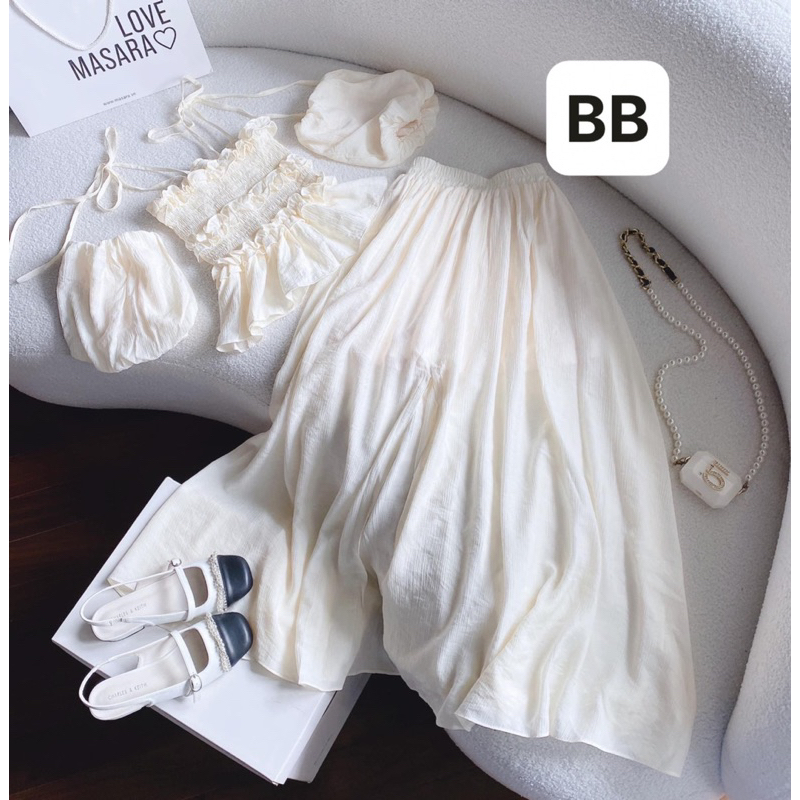 Set Áo Hai Dây Tay Bồng Rời Phối Vhaan Váy Xẻ