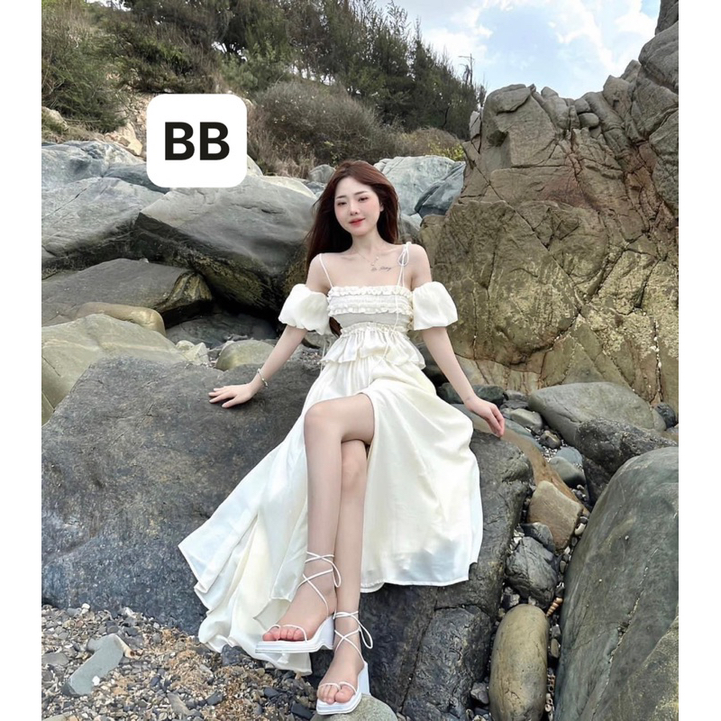 Set Áo Hai Dây Tay Bồng Rời Phối Vhaan Váy Xẻ