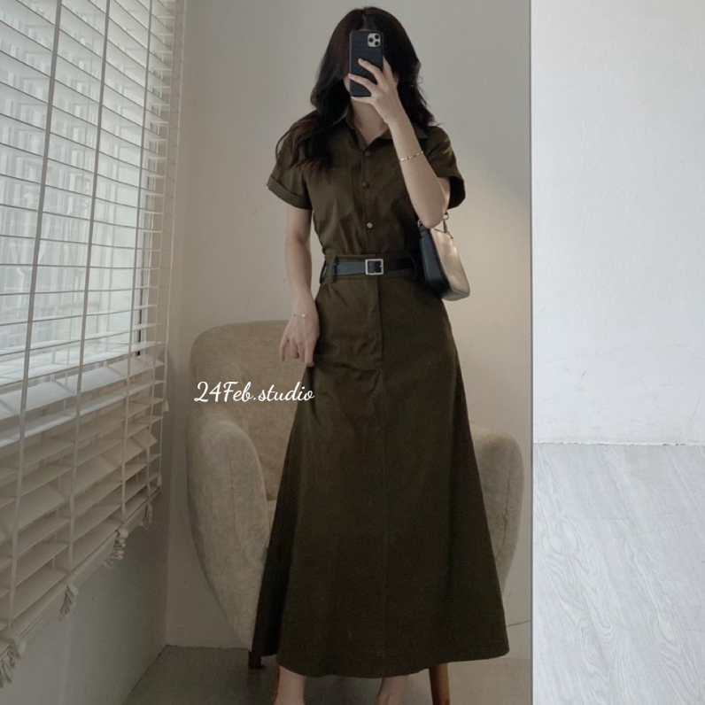 Set áo sơ mi kèm chân váy dài phong cách vintage Hàn Quốc new 2023