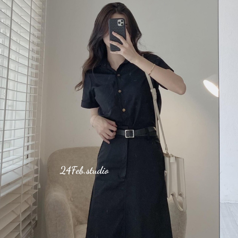 Set áo sơ mi kèm chân váy dài phong cách vintage Hàn Quốc new 2023