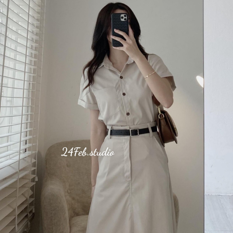 Set áo sơ mi kèm chân váy dài phong cách vintage Hàn Quốc new 2023