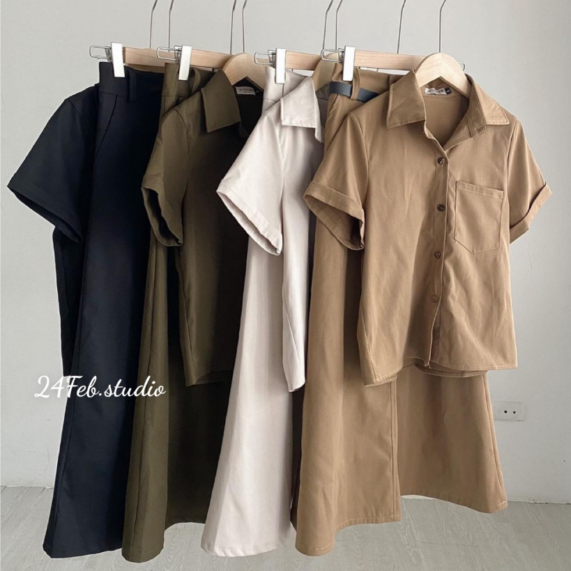 Set áo sơ mi kèm chân váy dài phong cách vintage Hàn Quốc new 2023