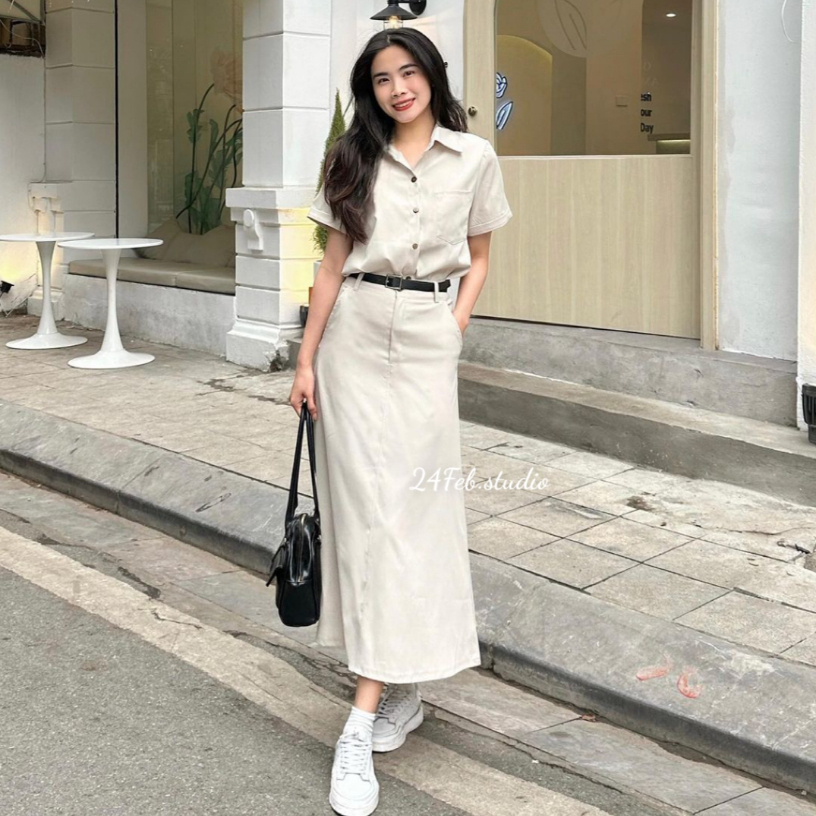 Set áo sơ mi kèm chân váy dài phong cách vintage Hàn Quốc new 2023