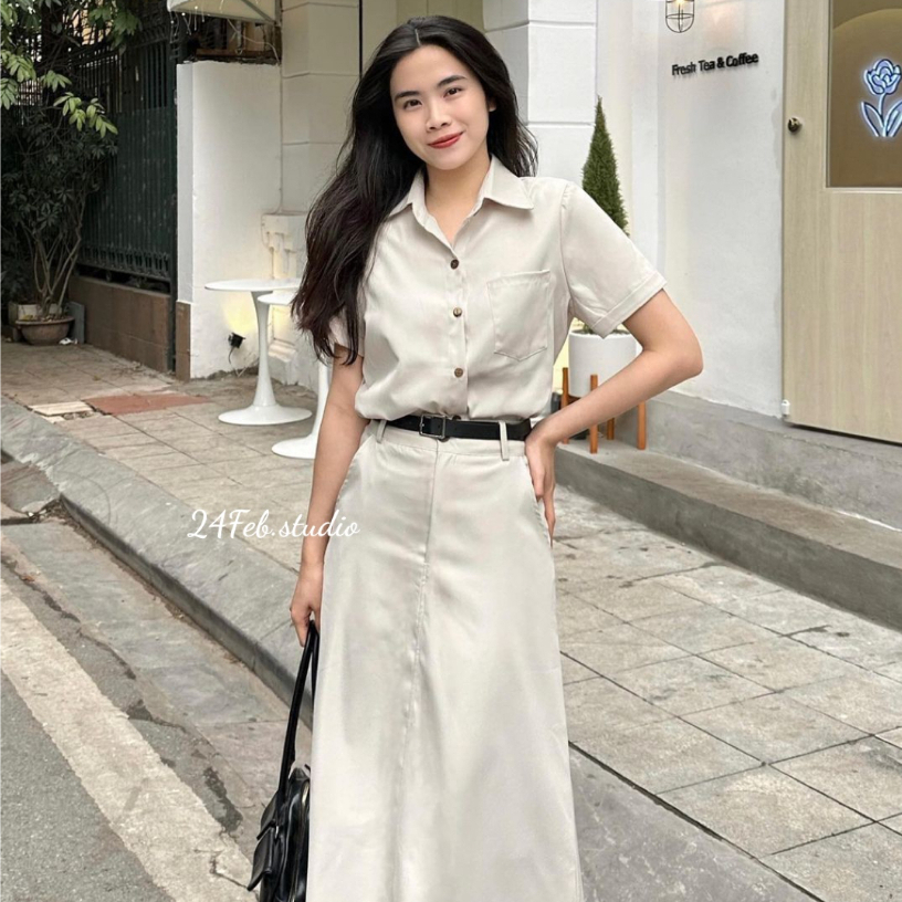 Set áo sơ mi kèm chân váy dài phong cách vintage Hàn Quốc new 2023
