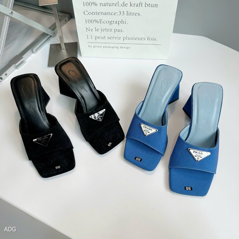 Dép gót tam giác vải Prada đế 9p
