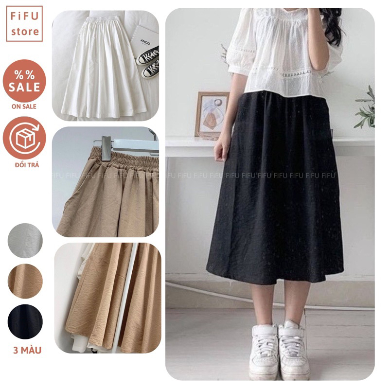 Chân váy Midi FiFU đũi xoè dáng dài phong cách tiểu thư nhẹ nhàng thanh lịch chất liệu vải lanh, Mã CV001