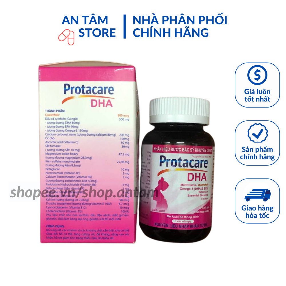 Viên uống sắt bổ tổng hợp PROTACARE DHA bổ sung Acid folic ,vitamin cho phụ nữ có thai trước và sau sinh hộp 30 viên