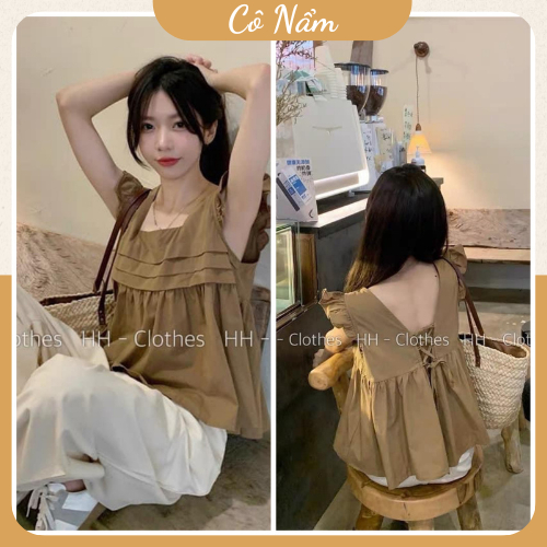 Set Bộ Nữ Áo Cổ Vuông Cánh Tiên Nêu Xếp Nếp Buộc Nơ Lưng Mix Quần Suông Kem