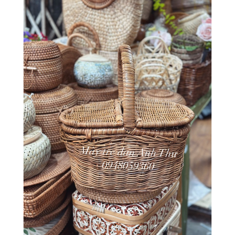 Giỏ mây, làn mây picnic dã ngoại loại có nắp đựng đồ dùng, bánh kẹo hoa quả  shop mây tre đan Anh Thư