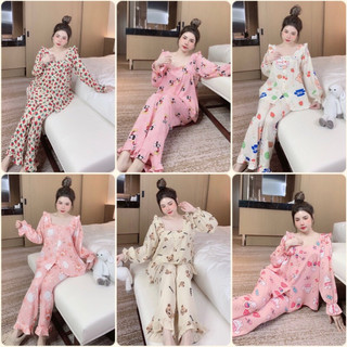 Bộ Pyjama lụa mango cao cấp, Bộ tay dài cổ vuông tiểu thư hoạ tiết xinh xắn ❤