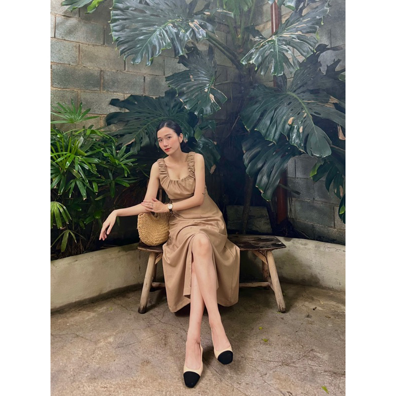 Đầm linen nhún vai dáng middi - Yên Khê