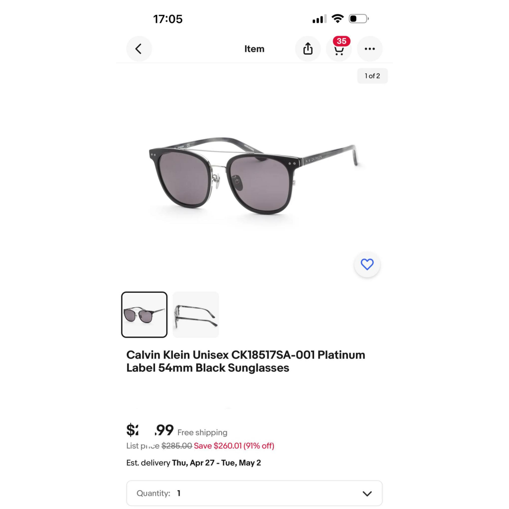 Kính mát Calvin Klein gọng đen, mắt xám, dáng vuông	 CK18517SA 001