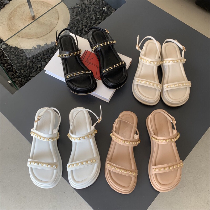 Sandal đế bánh mì quai đan dây xích cao 5cm