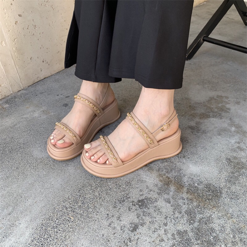 Sandal đế bánh mì quai đan dây xích cao 5cm
