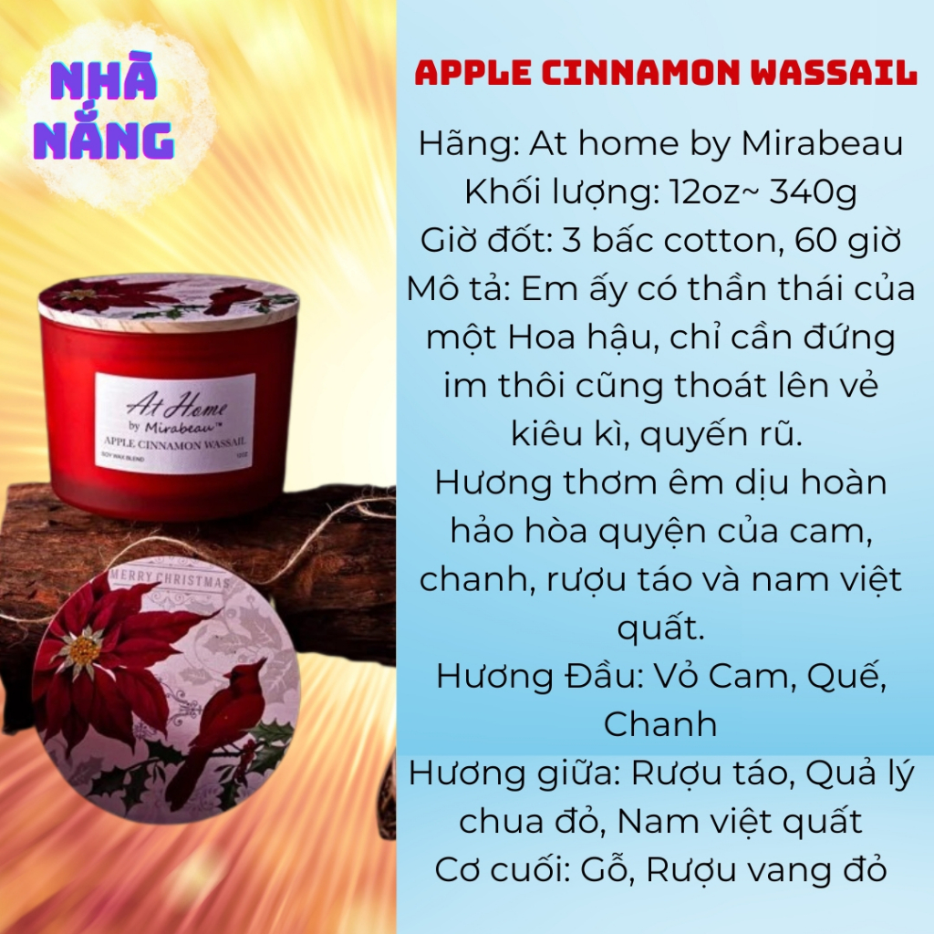 Nến cực thơm xuất khẩu 3 bấc - hương Apple Cinnamon Wassail táo quế thơm êm dịu Bộ sưu tập At home by Mirabeau