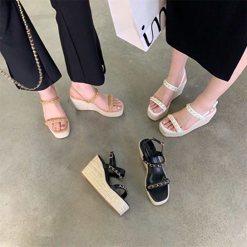 Sandal đế xuồng bện quai đan dây xích cao 10cm