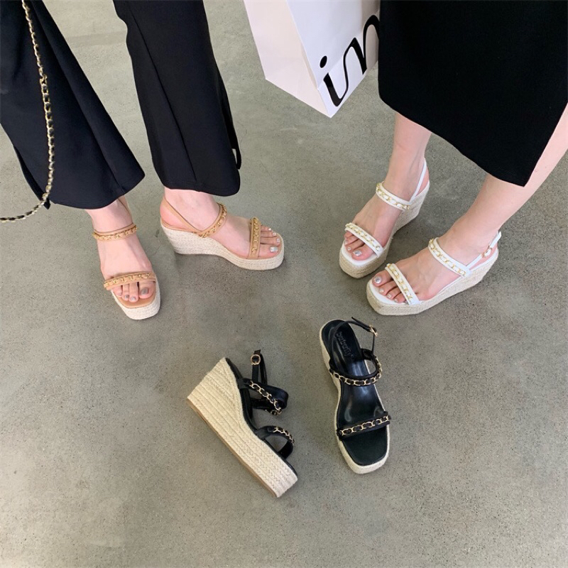 Sandal đế xuồng bện quai đan dây xích cao 10cm