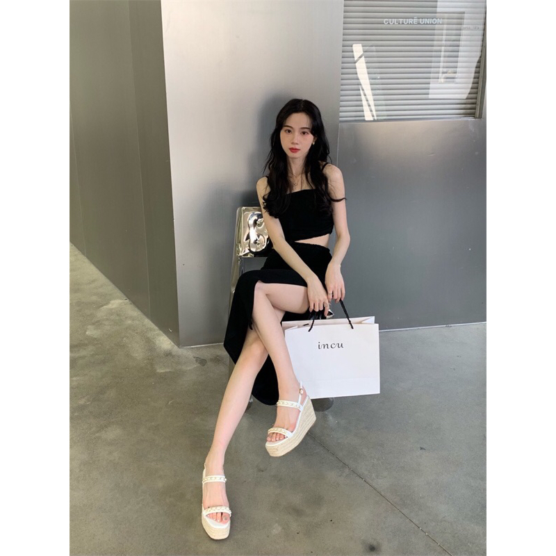 Sandal đế xuồng bện quai đan dây xích cao 10cm