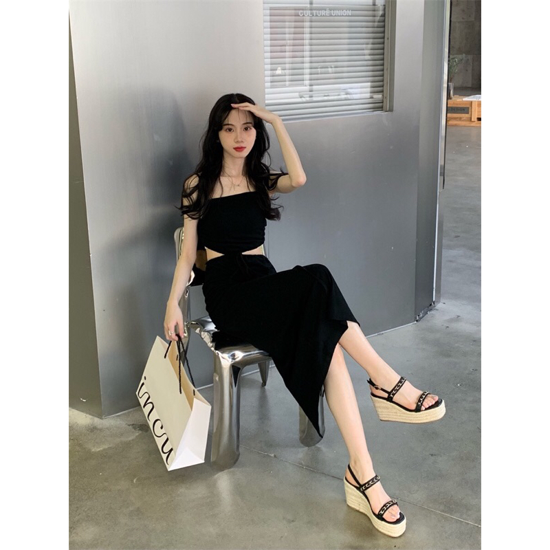 Sandal đế xuồng bện quai đan dây xích cao 10cm