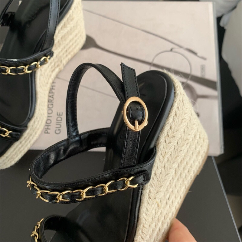 Sandal đế xuồng bện quai đan dây xích cao 10cm