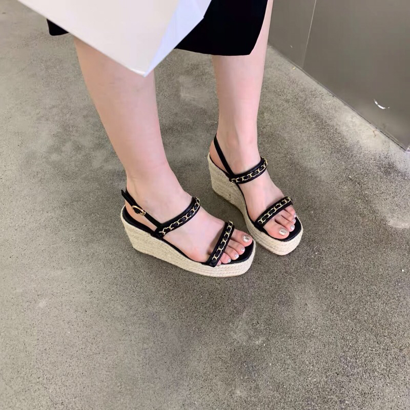Sandal đế xuồng bện quai đan dây xích cao 10cm