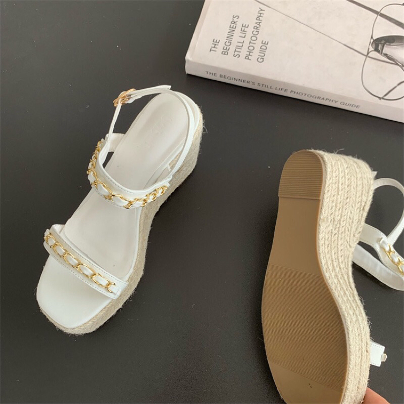 Sandal đế xuồng bện quai đan dây xích cao 10cm