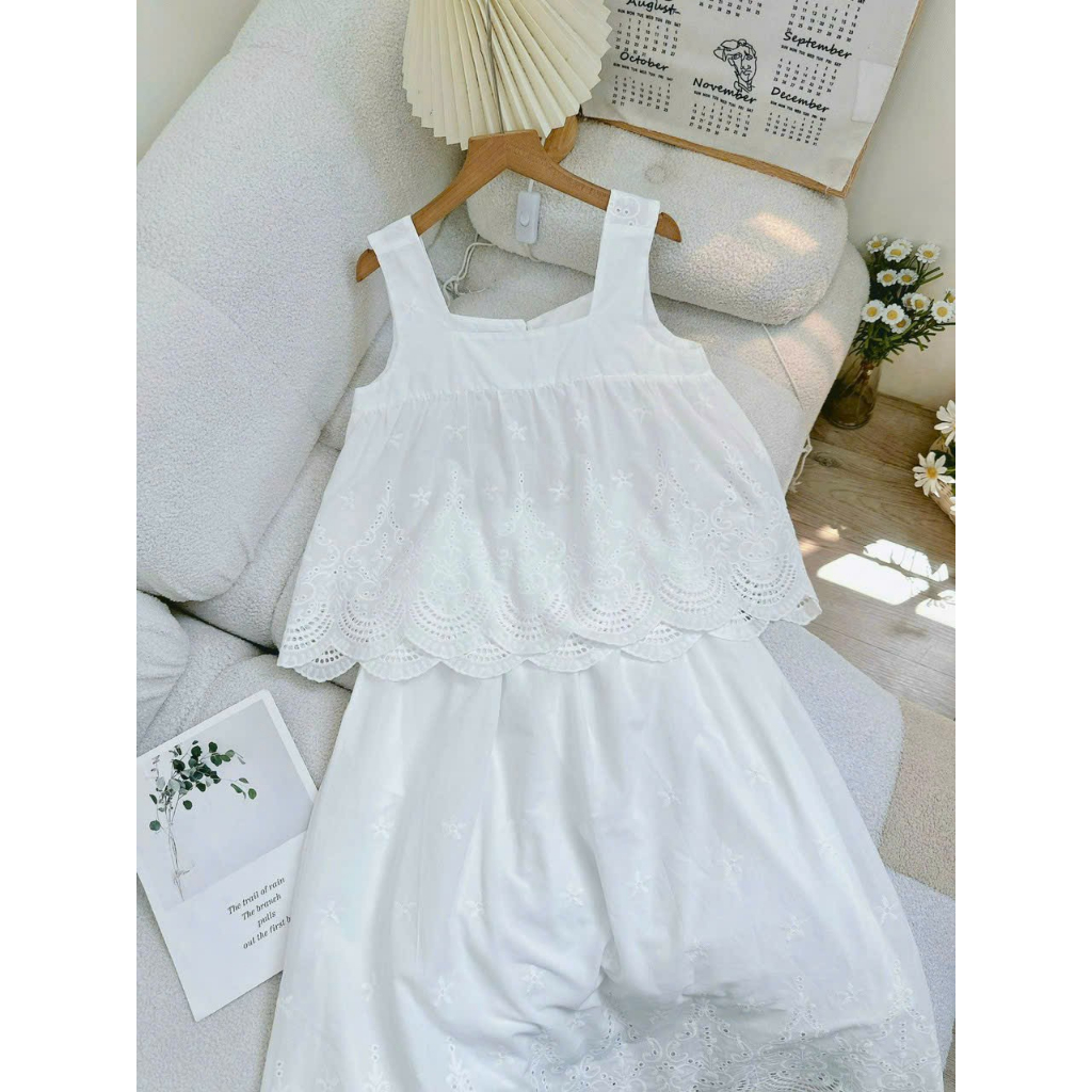 Set áo babydoll 2 dây hoa thêu mix chân váy dài
