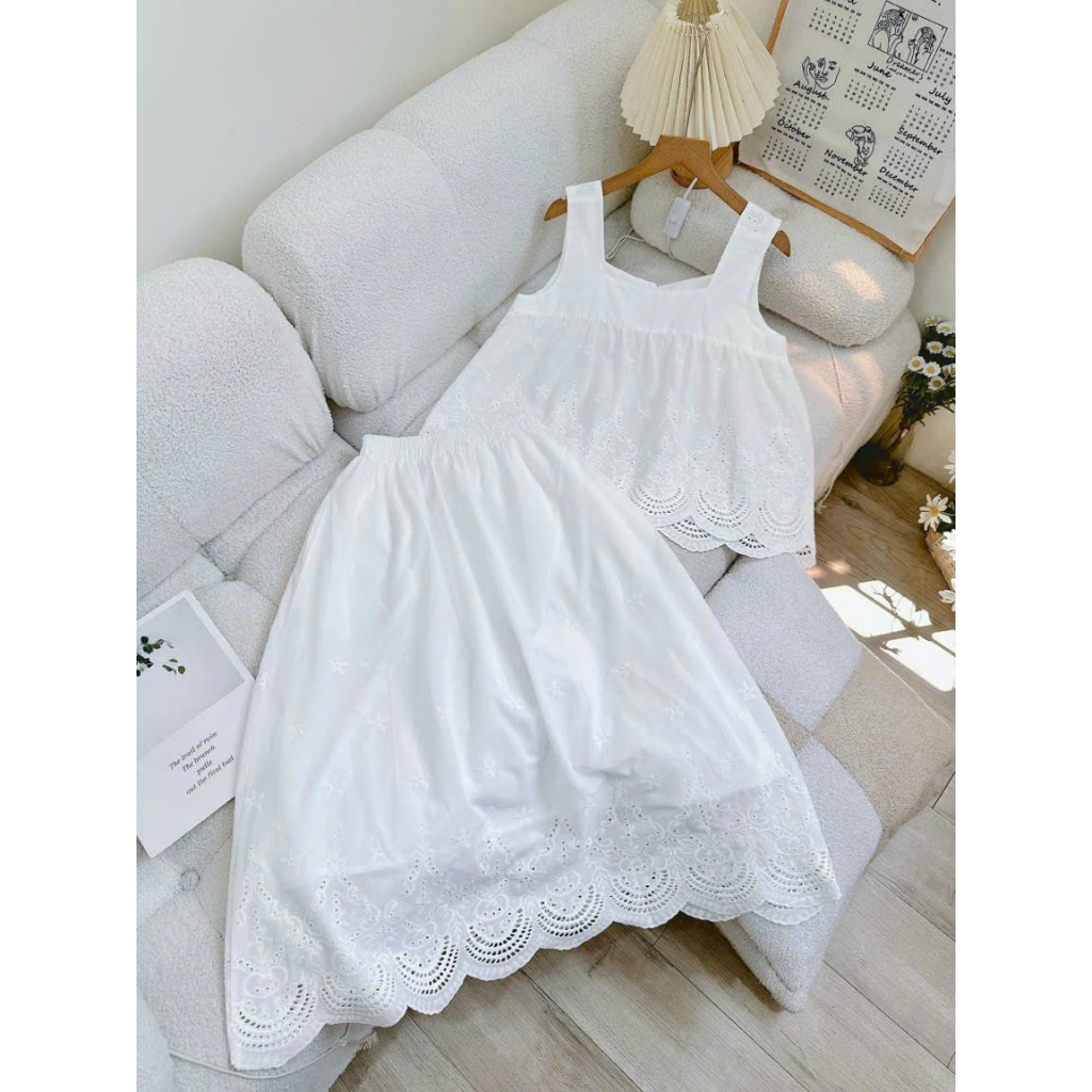 Set áo babydoll 2 dây hoa thêu mix chân váy dài