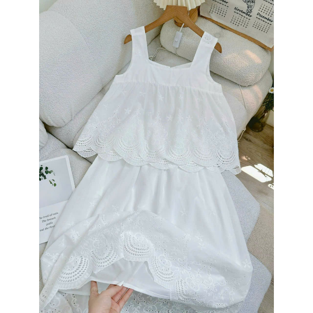 Set áo babydoll 2 dây hoa thêu mix chân váy dài