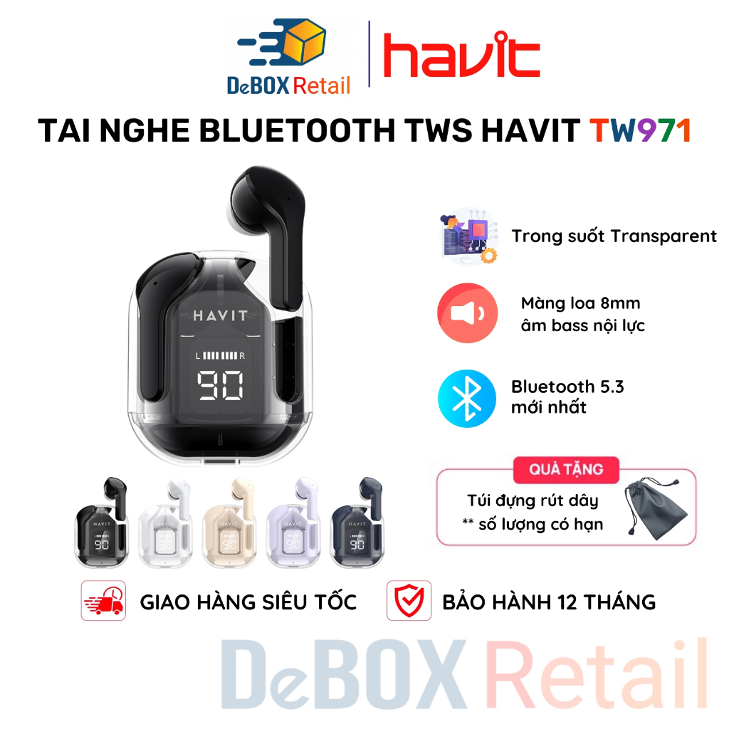 Tai Nghe TWS HAVIT TW971, Thiết Kế Trong Suốt Transparent, Bluetooth 5.3, Âm chuẩn HD, Nghe Đến 4-5 Giờ - Chính hãng