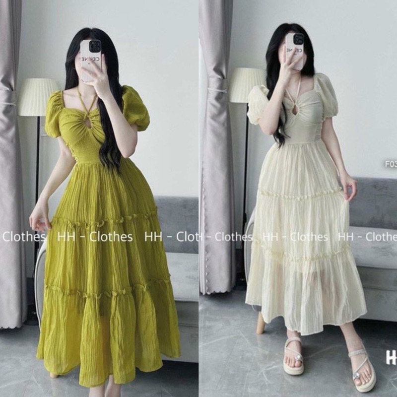 Váy tơ đũi maxi tay bồng kèm ảnh thật