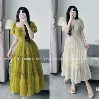 Váy tơ đũi maxi tay bồng kèm ảnh thật