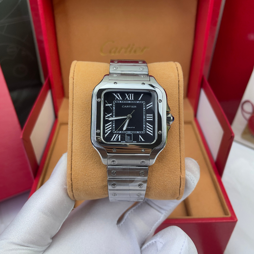 Đồng hồ Nam Catiers vuông  máy nhật chạy cơ Automatic size 401mm mặt đen vỏ trắng dây kim loại