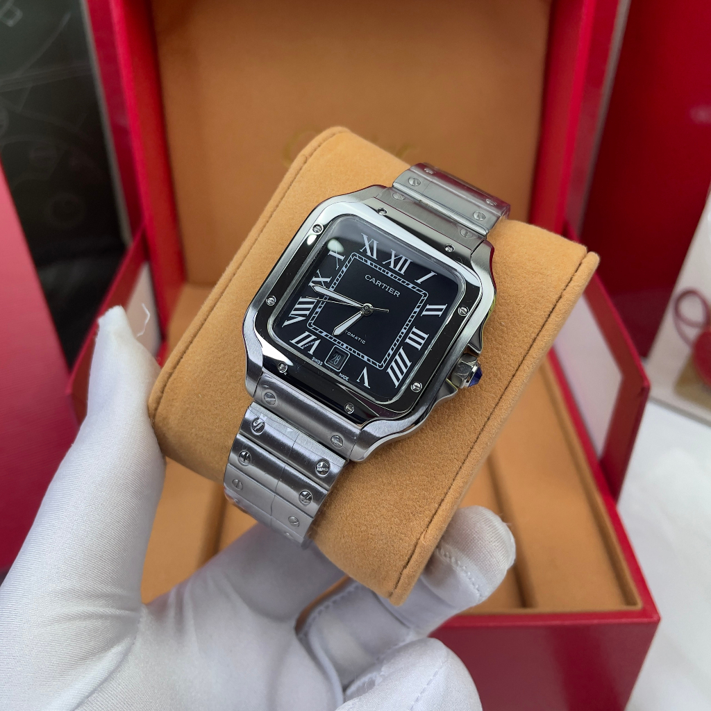 Đồng hồ Nam Catiers vuông  máy nhật chạy cơ Automatic size 401mm mặt đen vỏ trắng dây kim loại