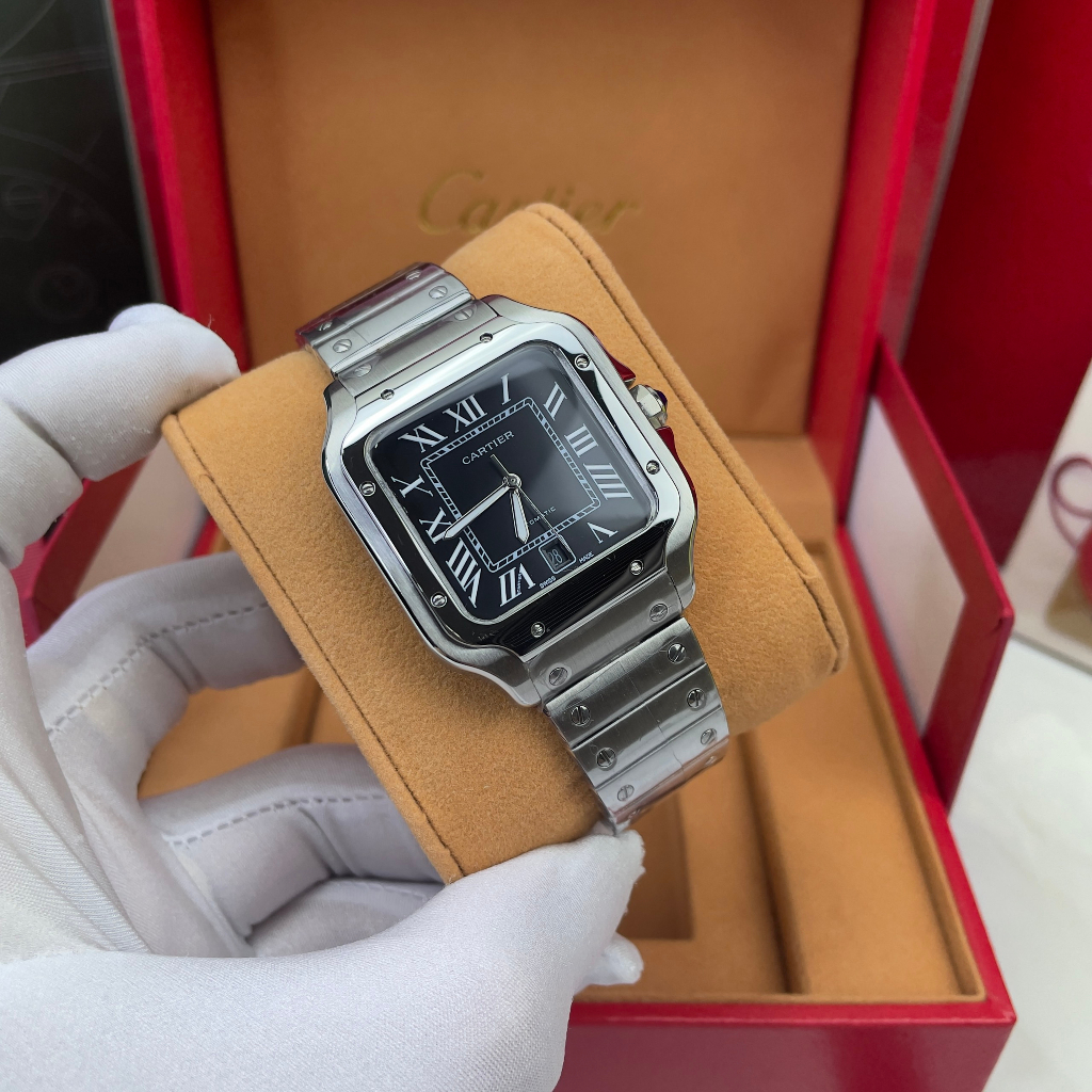 Đồng hồ Nam Catiers vuông  máy nhật chạy cơ Automatic size 401mm mặt đen vỏ trắng dây kim loại