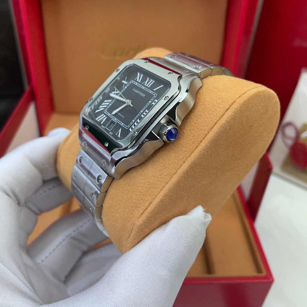 Đồng hồ Nam Catiers vuông  máy nhật chạy cơ Automatic size 401mm mặt đen vỏ trắng dây kim loại