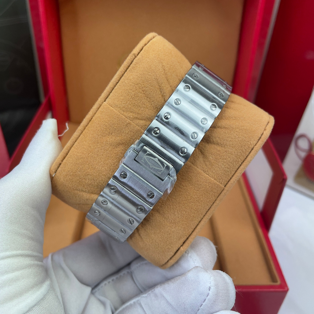 Đồng hồ Nam Catiers vuông  máy nhật chạy cơ Automatic size 401mm mặt đen vỏ trắng dây kim loại